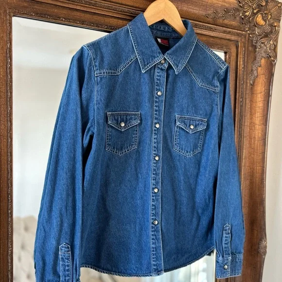NY Jeans Company Womens Shirt Western Denim Blue Pearl Snap Front, Long Sleeve - Picture 1 of 11
